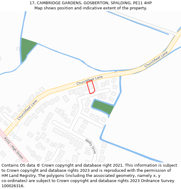 17, CAMBRIDGE GARDENS, GOSBERTON, SPALDING, PE11 4HP: Location map and indicative extent of plot