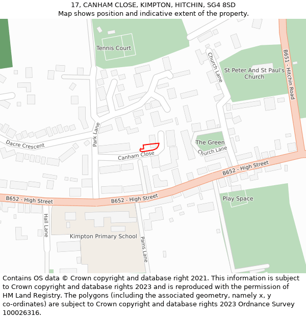 17, CANHAM CLOSE, KIMPTON, HITCHIN, SG4 8SD: Location map and indicative extent of plot