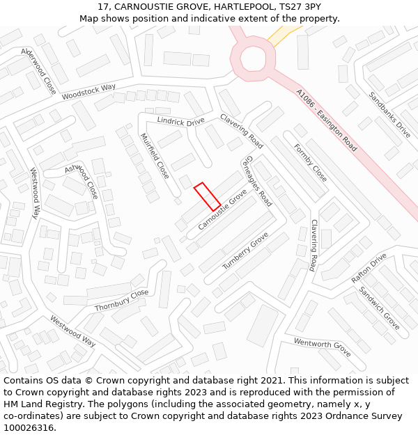 17, CARNOUSTIE GROVE, HARTLEPOOL, TS27 3PY: Location map and indicative extent of plot