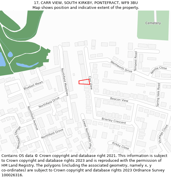 17, CARR VIEW, SOUTH KIRKBY, PONTEFRACT, WF9 3BU: Location map and indicative extent of plot