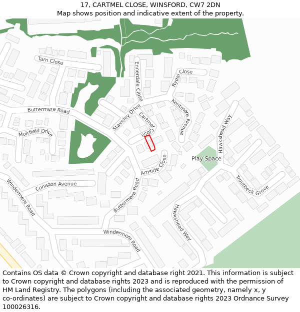 17, CARTMEL CLOSE, WINSFORD, CW7 2DN: Location map and indicative extent of plot