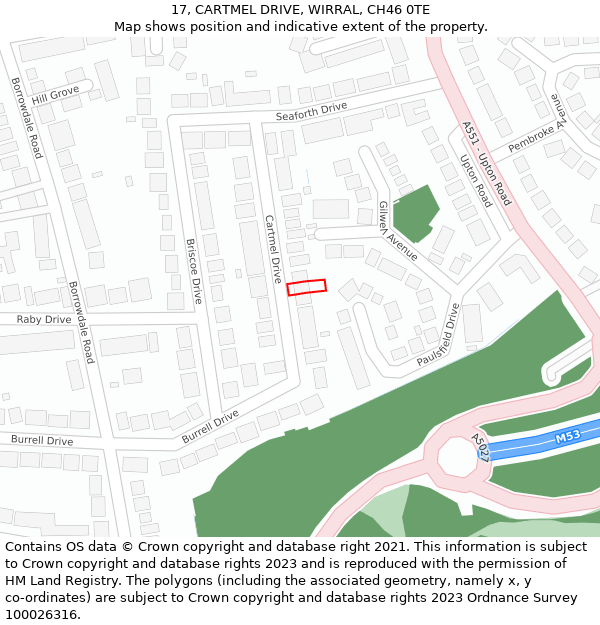 17, CARTMEL DRIVE, WIRRAL, CH46 0TE: Location map and indicative extent of plot