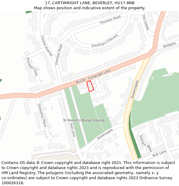 17, CARTWRIGHT LANE, BEVERLEY, HU17 8NB: Location map and indicative extent of plot