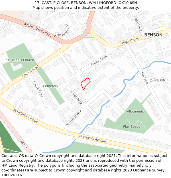 17, CASTLE CLOSE, BENSON, WALLINGFORD, OX10 6SN: Location map and indicative extent of plot