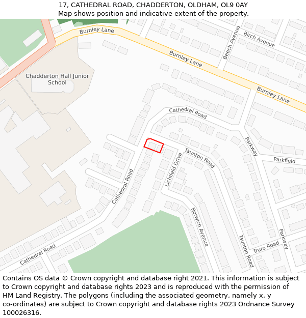 17, CATHEDRAL ROAD, CHADDERTON, OLDHAM, OL9 0AY: Location map and indicative extent of plot