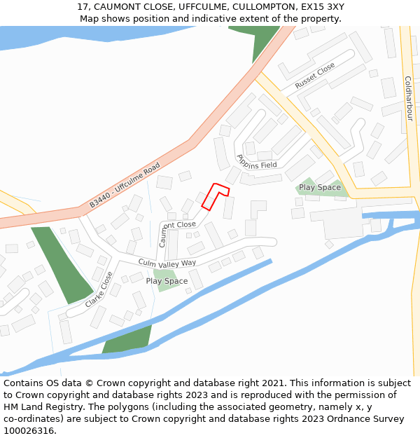 17, CAUMONT CLOSE, UFFCULME, CULLOMPTON, EX15 3XY: Location map and indicative extent of plot