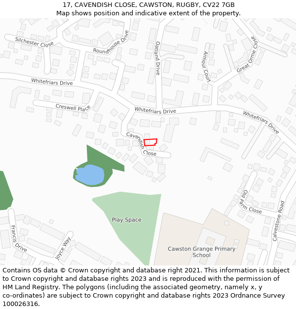 17, CAVENDISH CLOSE, CAWSTON, RUGBY, CV22 7GB: Location map and indicative extent of plot