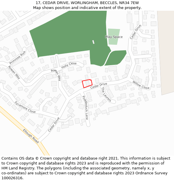 17, CEDAR DRIVE, WORLINGHAM, BECCLES, NR34 7EW: Location map and indicative extent of plot