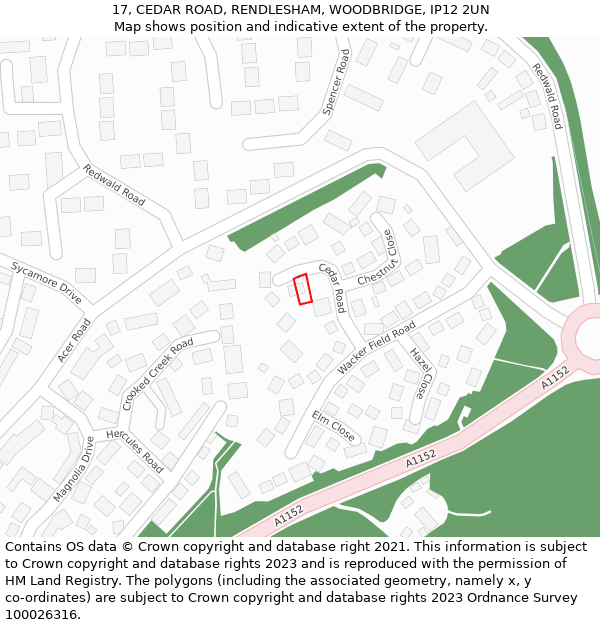 17, CEDAR ROAD, RENDLESHAM, WOODBRIDGE, IP12 2UN: Location map and indicative extent of plot