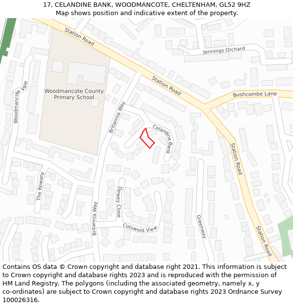 17, CELANDINE BANK, WOODMANCOTE, CHELTENHAM, GL52 9HZ: Location map and indicative extent of plot