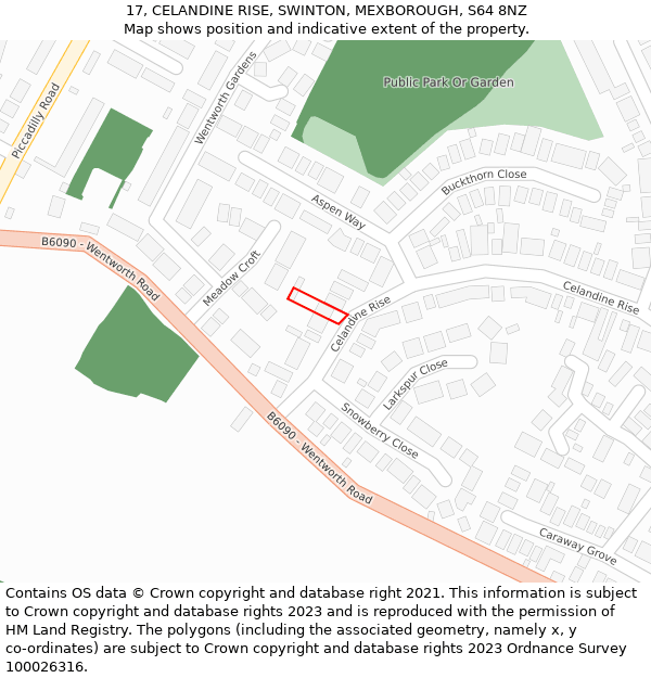 17, CELANDINE RISE, SWINTON, MEXBOROUGH, S64 8NZ: Location map and indicative extent of plot