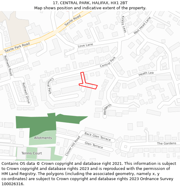 17, CENTRAL PARK, HALIFAX, HX1 2BT: Location map and indicative extent of plot