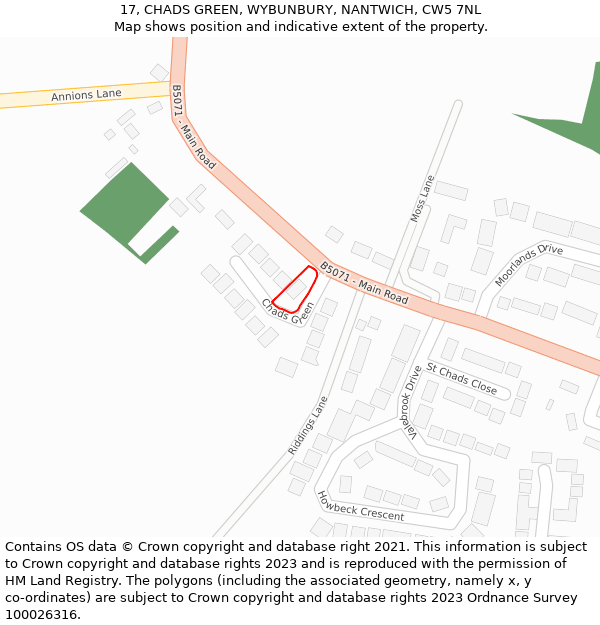 17, CHADS GREEN, WYBUNBURY, NANTWICH, CW5 7NL: Location map and indicative extent of plot