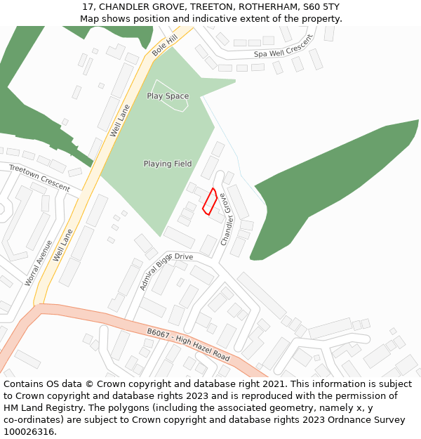 17, CHANDLER GROVE, TREETON, ROTHERHAM, S60 5TY: Location map and indicative extent of plot