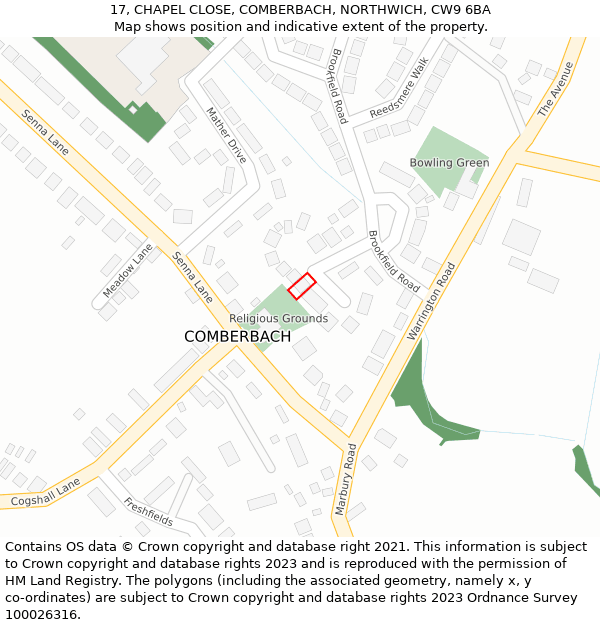 17, CHAPEL CLOSE, COMBERBACH, NORTHWICH, CW9 6BA: Location map and indicative extent of plot