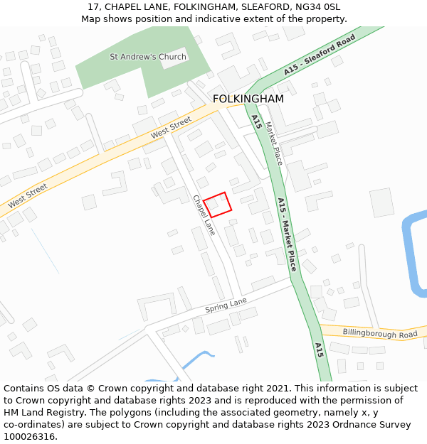 17, CHAPEL LANE, FOLKINGHAM, SLEAFORD, NG34 0SL: Location map and indicative extent of plot