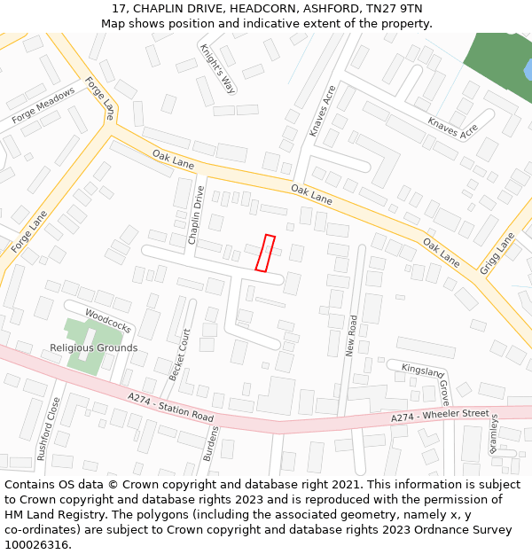 17, CHAPLIN DRIVE, HEADCORN, ASHFORD, TN27 9TN: Location map and indicative extent of plot