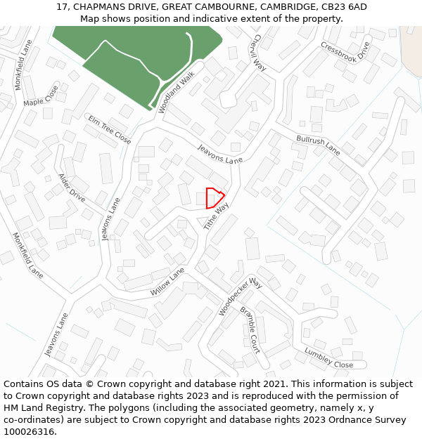 17, CHAPMANS DRIVE, GREAT CAMBOURNE, CAMBRIDGE, CB23 6AD: Location map and indicative extent of plot