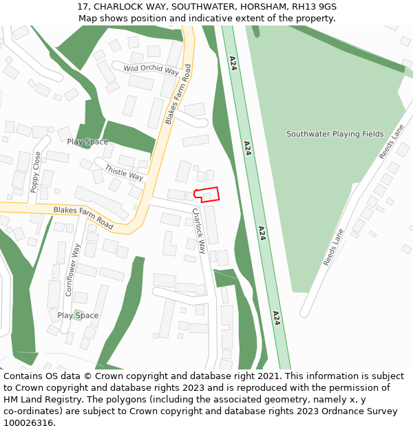 17, CHARLOCK WAY, SOUTHWATER, HORSHAM, RH13 9GS: Location map and indicative extent of plot