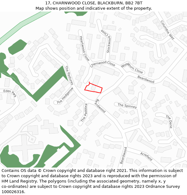 17, CHARNWOOD CLOSE, BLACKBURN, BB2 7BT: Location map and indicative extent of plot