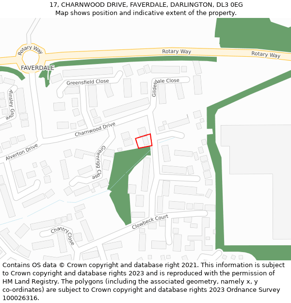 17, CHARNWOOD DRIVE, FAVERDALE, DARLINGTON, DL3 0EG: Location map and indicative extent of plot