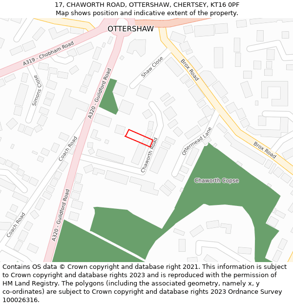 17, CHAWORTH ROAD, OTTERSHAW, CHERTSEY, KT16 0PF: Location map and indicative extent of plot