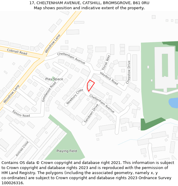 17, CHELTENHAM AVENUE, CATSHILL, BROMSGROVE, B61 0RU: Location map and indicative extent of plot