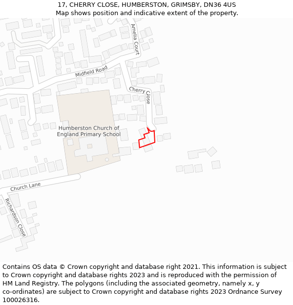 17, CHERRY CLOSE, HUMBERSTON, GRIMSBY, DN36 4US: Location map and indicative extent of plot