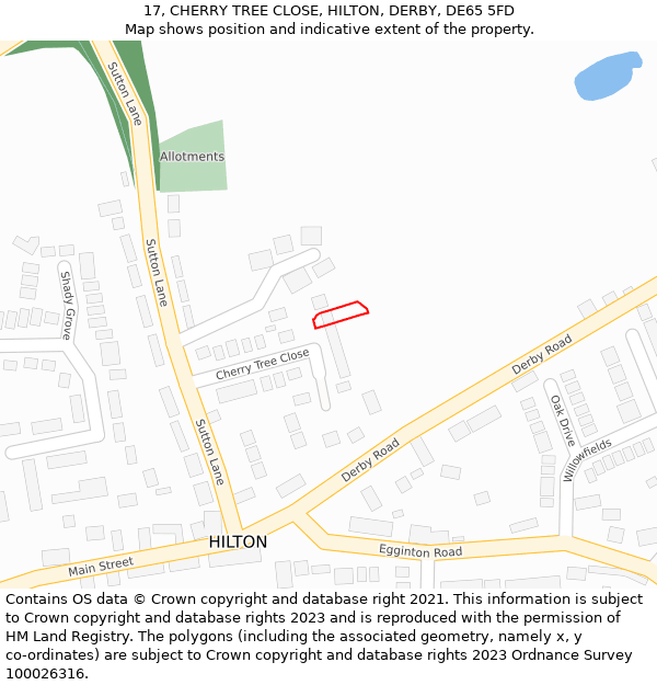 17, CHERRY TREE CLOSE, HILTON, DERBY, DE65 5FD: Location map and indicative extent of plot