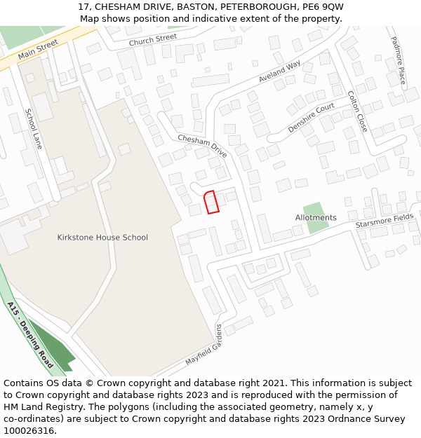 17, CHESHAM DRIVE, BASTON, PETERBOROUGH, PE6 9QW: Location map and indicative extent of plot