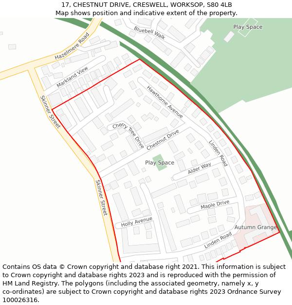 17, CHESTNUT DRIVE, CRESWELL, WORKSOP, S80 4LB: Location map and indicative extent of plot