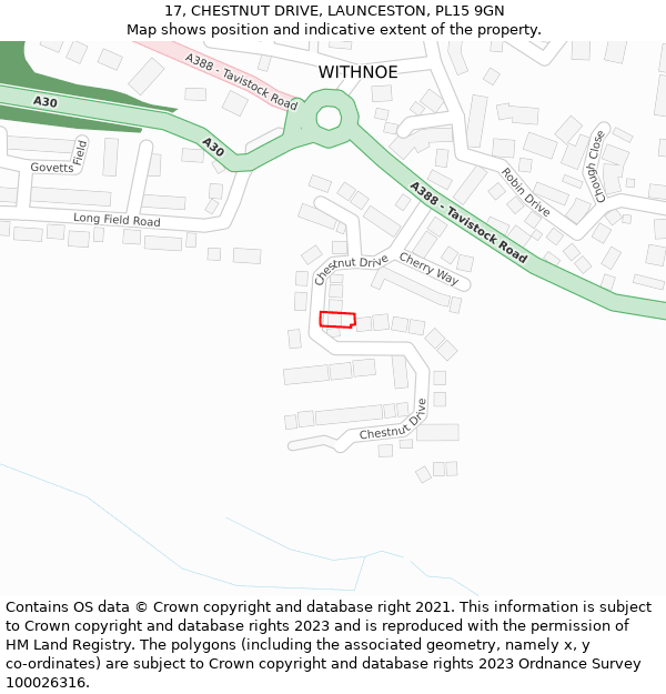 17, CHESTNUT DRIVE, LAUNCESTON, PL15 9GN: Location map and indicative extent of plot