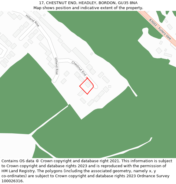 17, CHESTNUT END, HEADLEY, BORDON, GU35 8NA: Location map and indicative extent of plot