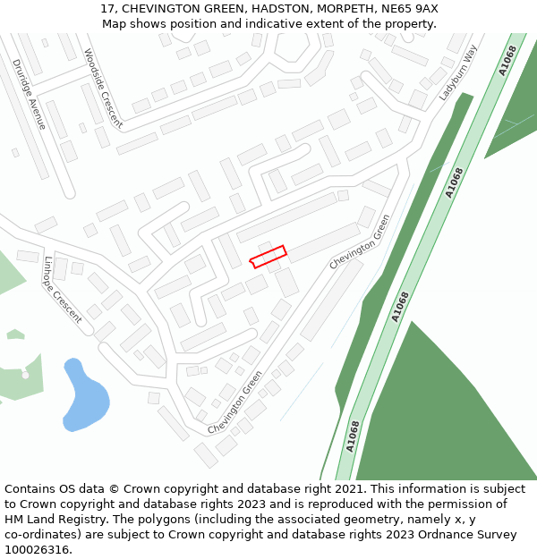 17, CHEVINGTON GREEN, HADSTON, MORPETH, NE65 9AX: Location map and indicative extent of plot