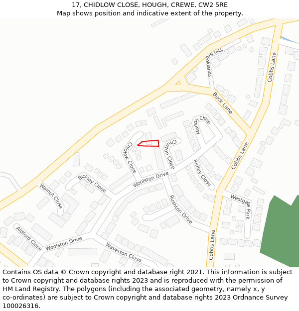 17, CHIDLOW CLOSE, HOUGH, CREWE, CW2 5RE: Location map and indicative extent of plot