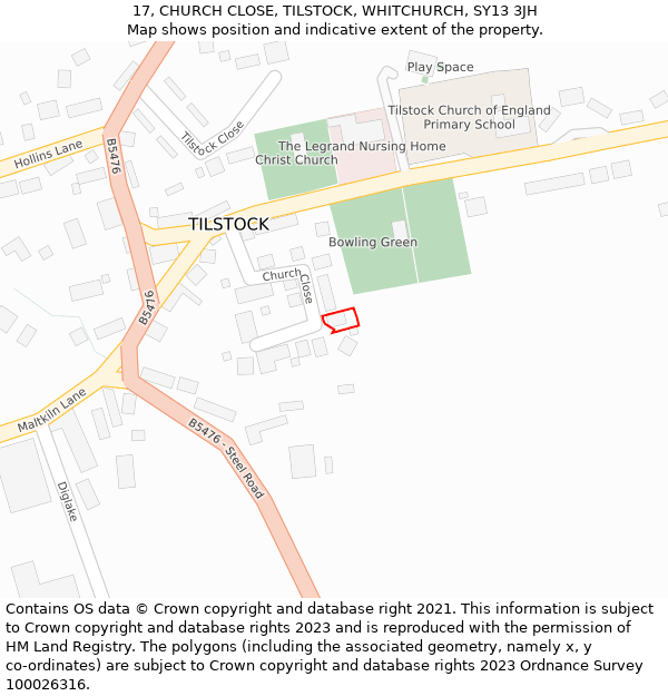 17, CHURCH CLOSE, TILSTOCK, WHITCHURCH, SY13 3JH: Location map and indicative extent of plot