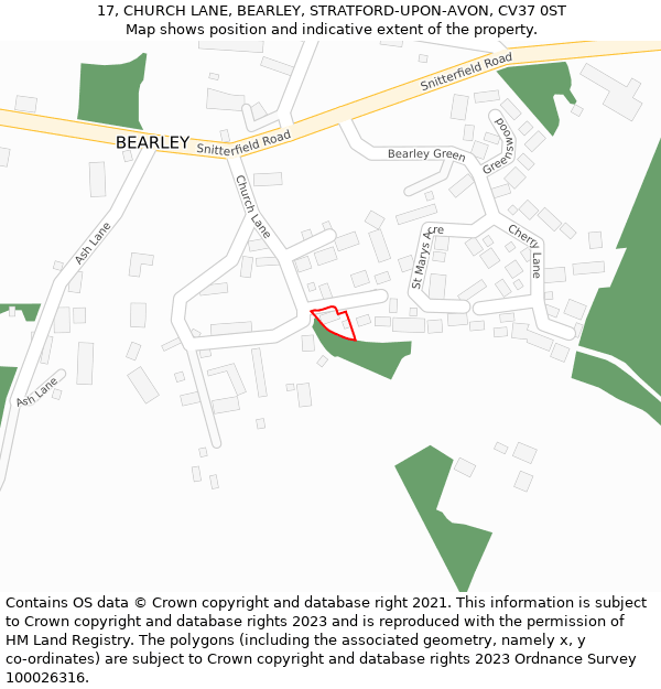 17, CHURCH LANE, BEARLEY, STRATFORD-UPON-AVON, CV37 0ST: Location map and indicative extent of plot