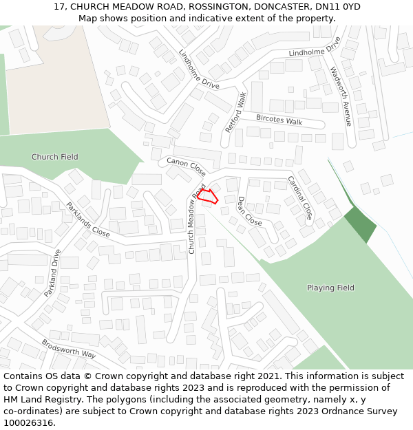 17, CHURCH MEADOW ROAD, ROSSINGTON, DONCASTER, DN11 0YD: Location map and indicative extent of plot