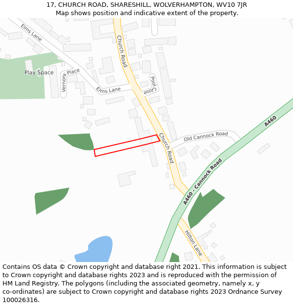 17, CHURCH ROAD, SHARESHILL, WOLVERHAMPTON, WV10 7JR: Location map and indicative extent of plot