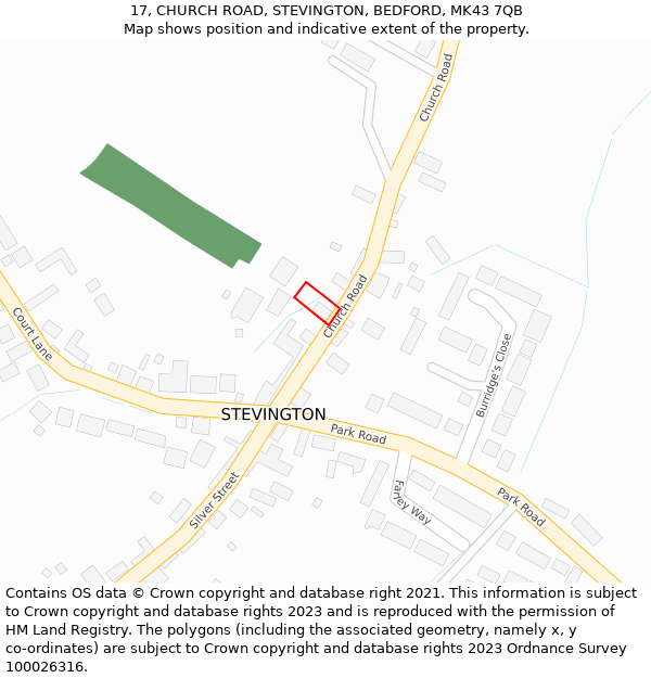 17, CHURCH ROAD, STEVINGTON, BEDFORD, MK43 7QB: Location map and indicative extent of plot