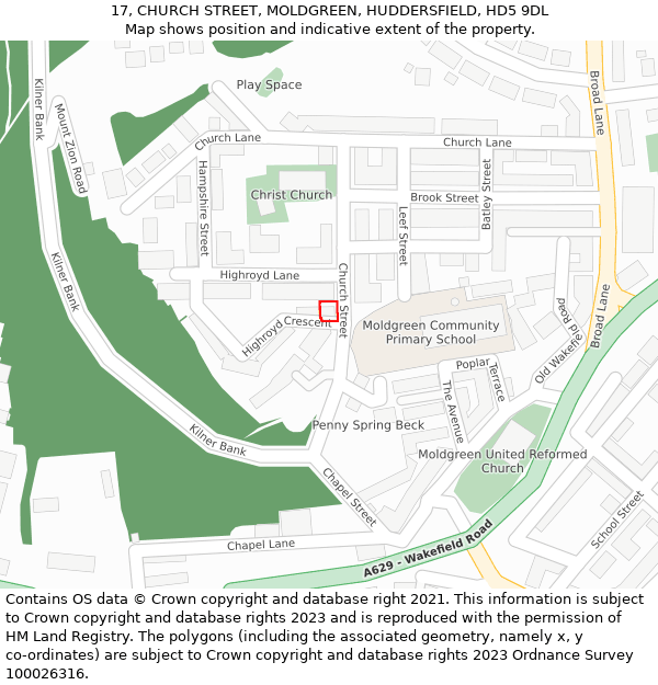 17, CHURCH STREET, MOLDGREEN, HUDDERSFIELD, HD5 9DL: Location map and indicative extent of plot