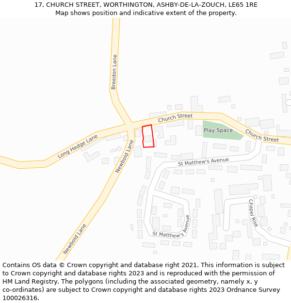 17, CHURCH STREET, WORTHINGTON, ASHBY-DE-LA-ZOUCH, LE65 1RE: Location map and indicative extent of plot