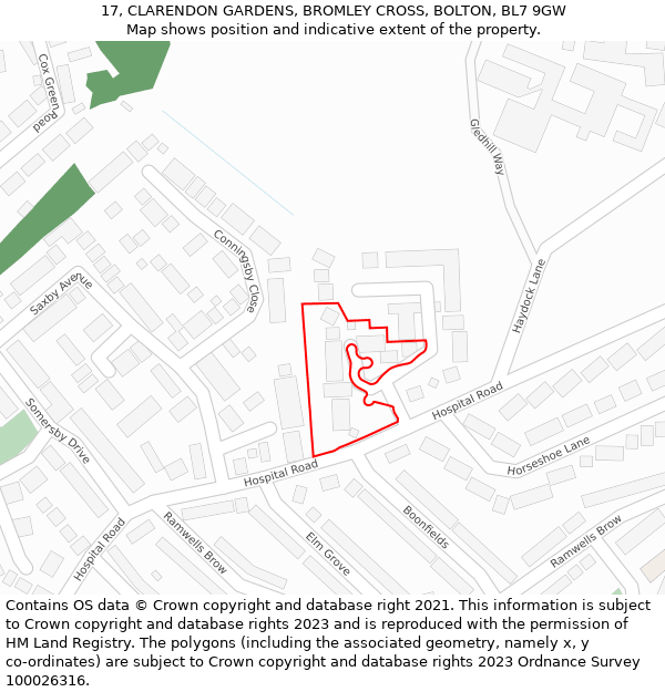 17, CLARENDON GARDENS, BROMLEY CROSS, BOLTON, BL7 9GW: Location map and indicative extent of plot