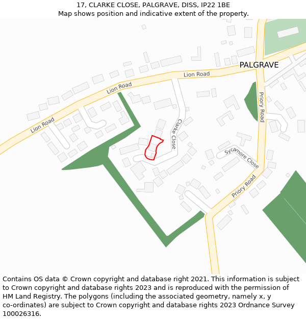 17, CLARKE CLOSE, PALGRAVE, DISS, IP22 1BE: Location map and indicative extent of plot