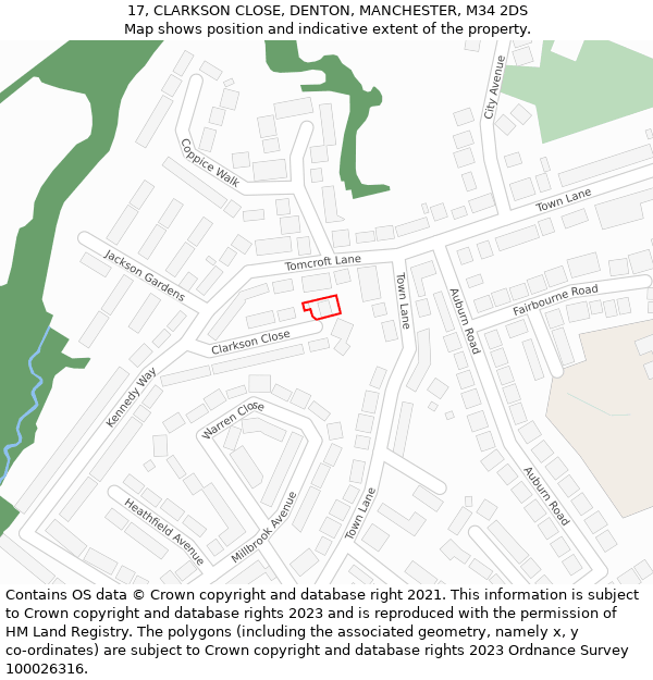 17, CLARKSON CLOSE, DENTON, MANCHESTER, M34 2DS: Location map and indicative extent of plot