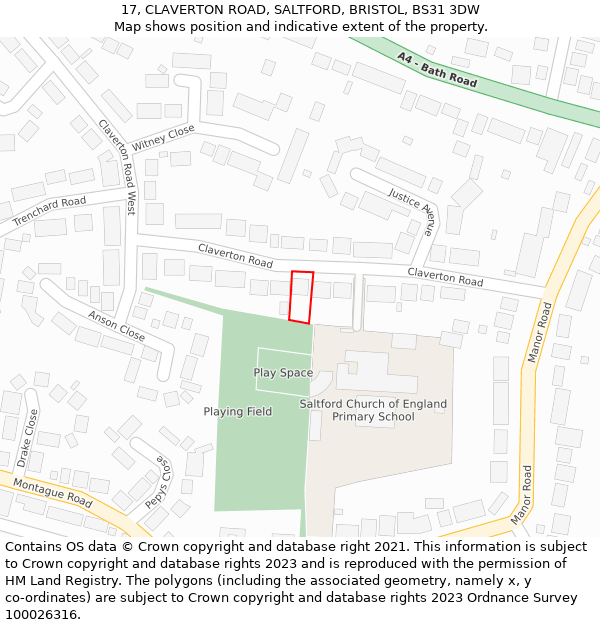 17, CLAVERTON ROAD, SALTFORD, BRISTOL, BS31 3DW: Location map and indicative extent of plot