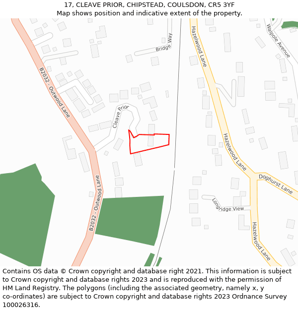 17, CLEAVE PRIOR, CHIPSTEAD, COULSDON, CR5 3YF: Location map and indicative extent of plot