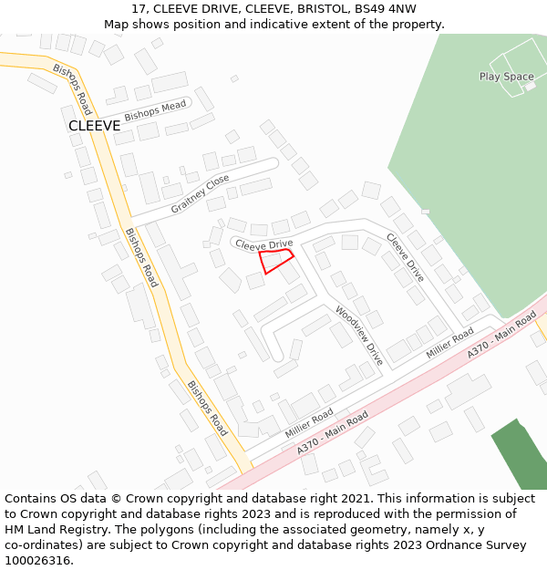 17, CLEEVE DRIVE, CLEEVE, BRISTOL, BS49 4NW: Location map and indicative extent of plot
