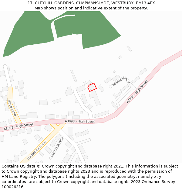 17, CLEYHILL GARDENS, CHAPMANSLADE, WESTBURY, BA13 4EX: Location map and indicative extent of plot