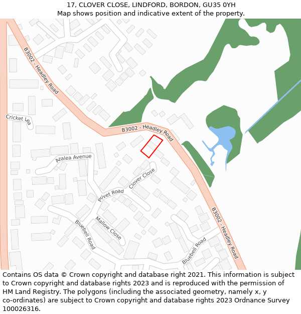 17, CLOVER CLOSE, LINDFORD, BORDON, GU35 0YH: Location map and indicative extent of plot